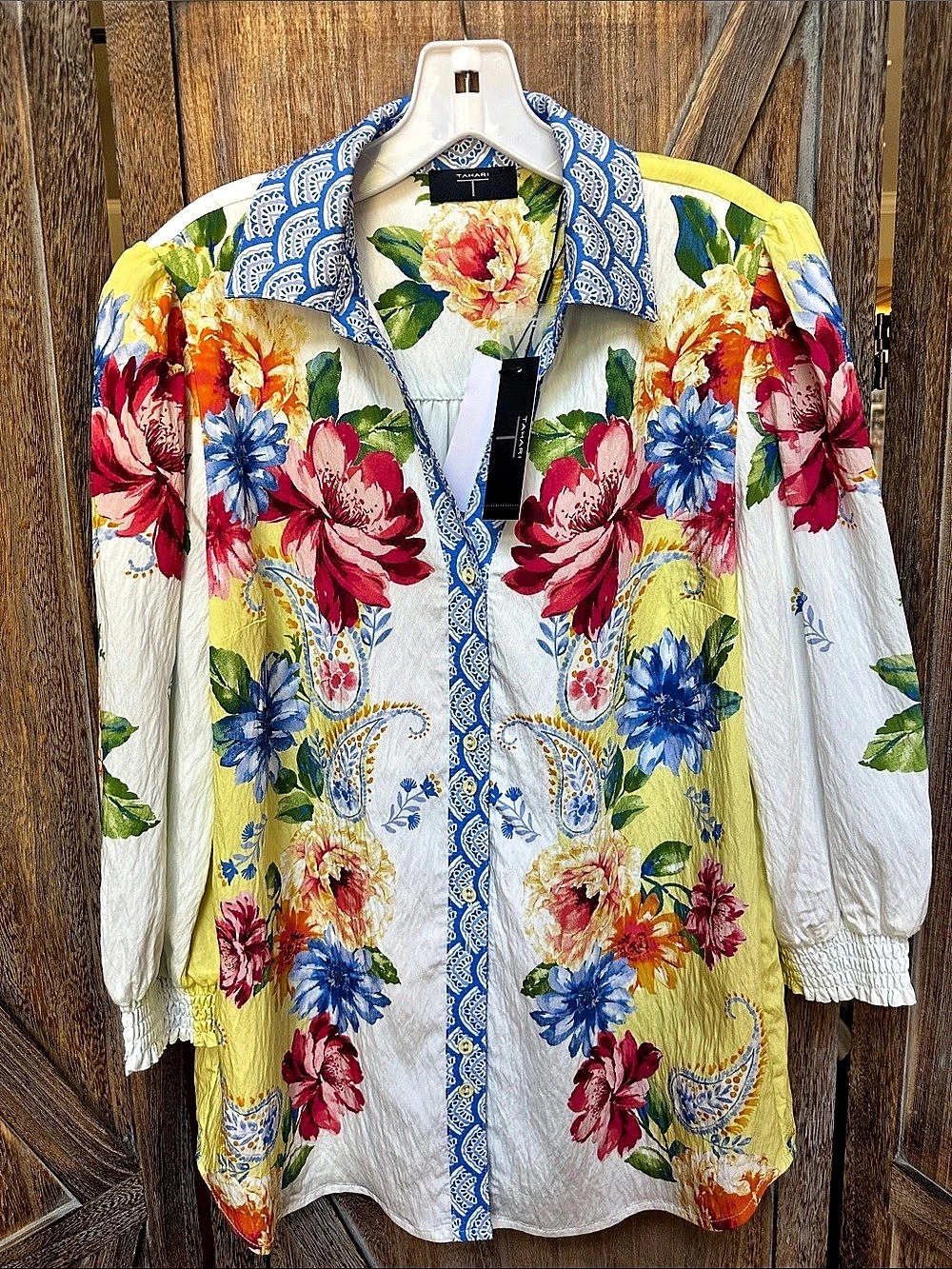 Tahari Porto Garden Print Floral Blouse in Yellow, Blue & White Small NWT